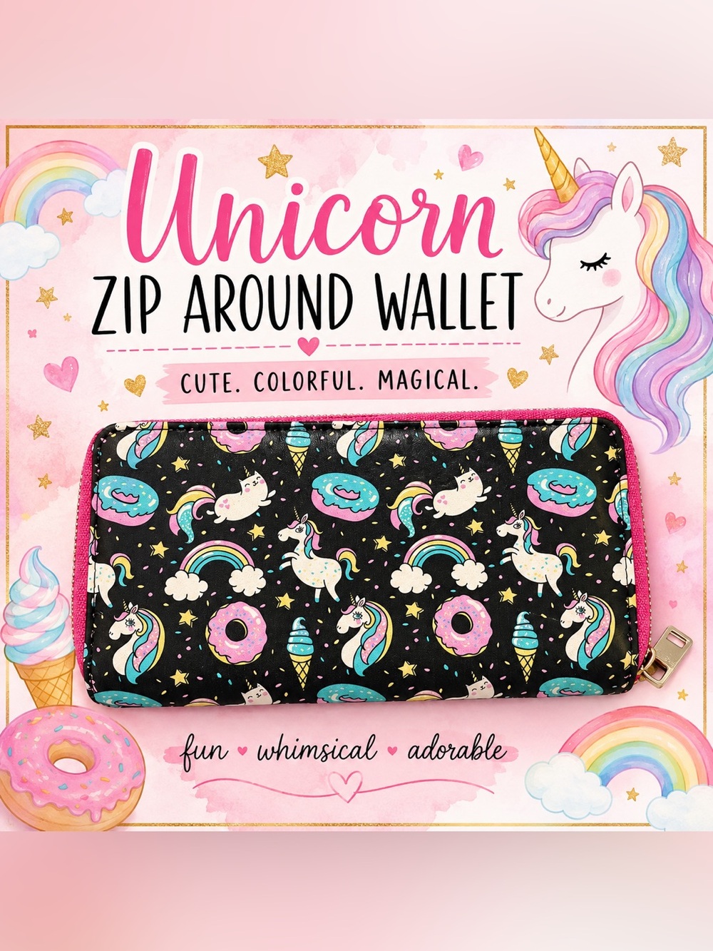 Cute Unicorn Rainbow Donut Zip Around Wallet | Kawaii Pastel Wallet